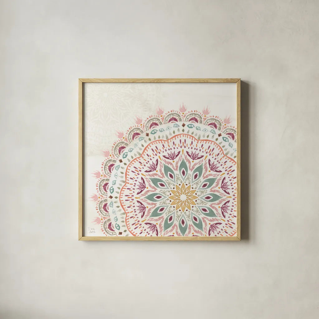 Boho Garden IX by Dina June. Shown in a natural wood glass frame for a timeless modern aesthetic. Available as an archival giclee rolled canvas, fine art paper, or poster print. SKU 77246a.