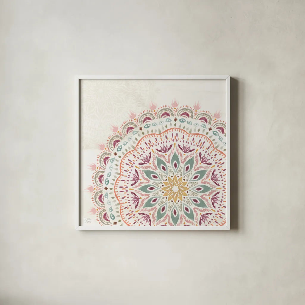 Boho Garden IX by Dina June. Shown in a crisp white glass frame for a clean and minimalist style. Available as an archival giclee rolled canvas, fine art paper, or poster print. SKU 77246a.