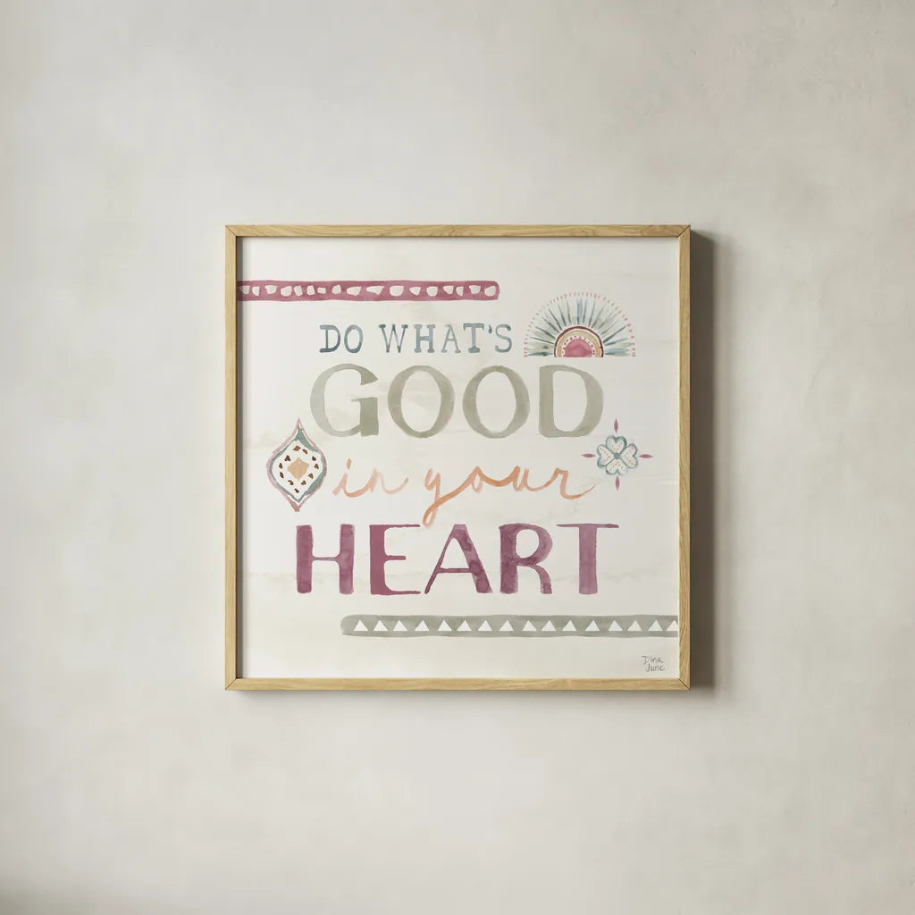 Boho Garden V by Dina June. Shown in a natural wood glass frame for a timeless modern aesthetic. Available as an archival giclee rolled canvas, fine art paper, or poster print. SKU 77242a.