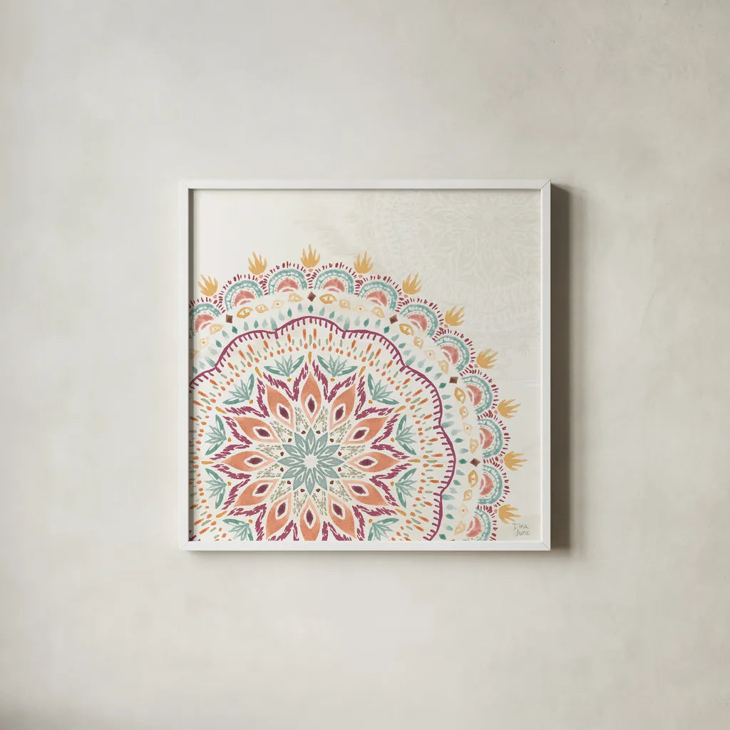Boho Garden VIII by Dina June. Shown in a crisp white glass frame for a clean and minimalist style. Available as an archival giclee rolled canvas, fine art paper, or poster print. SKU 77245a.