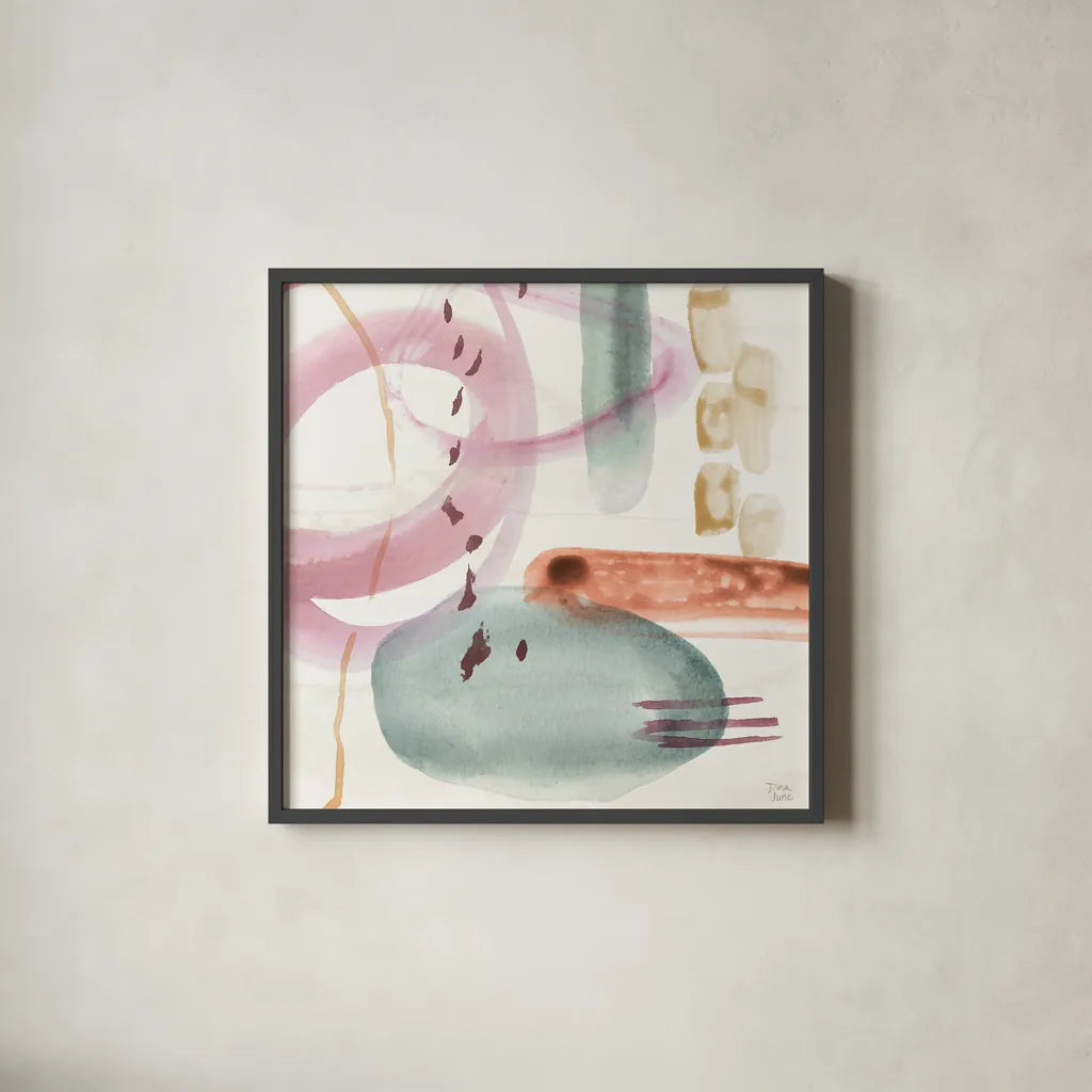 Boho Garden X by Dina June. Shown in a sleek black glass frame for a contemporary gallery look. Available as an archival giclee rolled canvas, fine art paper, or poster print. SKU 77247a.