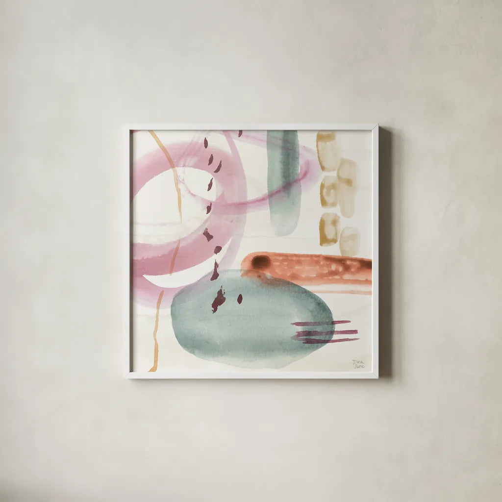 Boho Garden X by Dina June. Shown in a crisp white glass frame for a clean and minimalist style. Available as an archival giclee rolled canvas, fine art paper, or poster print. SKU 77247a.