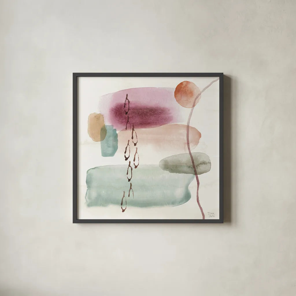 Boho Garden XI by Dina June. Shown in a sleek black glass frame for a contemporary gallery look. Available as an archival giclee rolled canvas, fine art paper, or poster print. SKU 77248a.