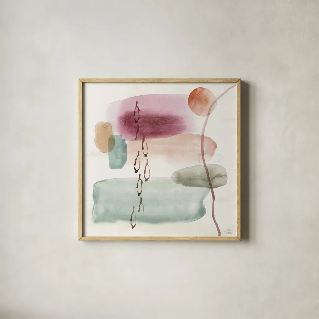 Boho Garden XI by Dina June. Shown in a natural wood glass frame for a timeless modern aesthetic. Available as an archival giclee rolled canvas, fine art paper, or poster print. SKU 77248a.