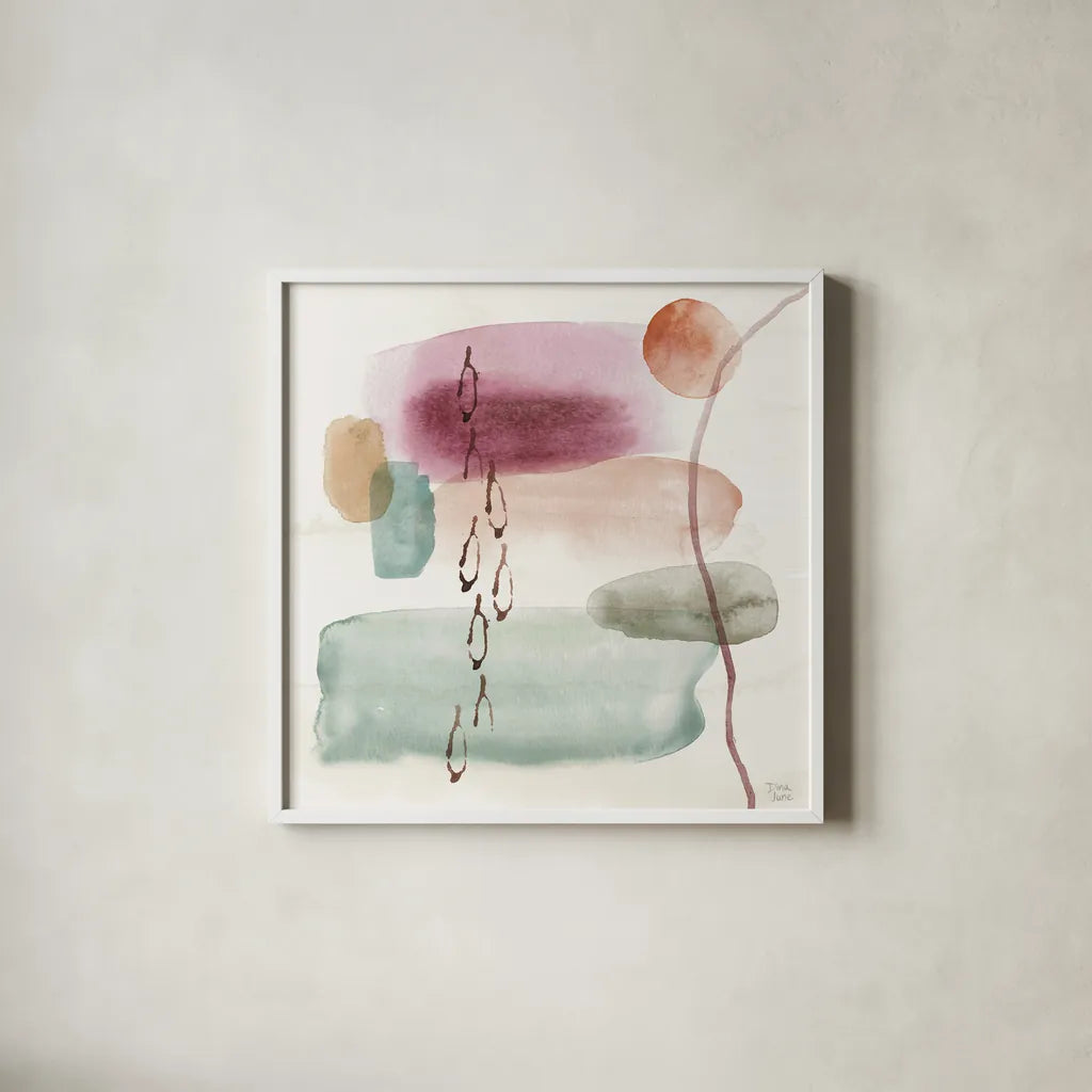 Boho Garden XI by Dina June. Shown in a crisp white glass frame for a clean and minimalist style. Available as an archival giclee rolled canvas, fine art paper, or poster print. SKU 77248a.