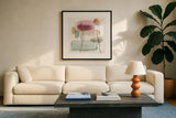 Boho Garden XI by Dina June. Displayed in a glass frame with matte in a clean modern living room. Available as an archival giclee rolled canvas, fine art paper, or poster print. SKU 77248a.
