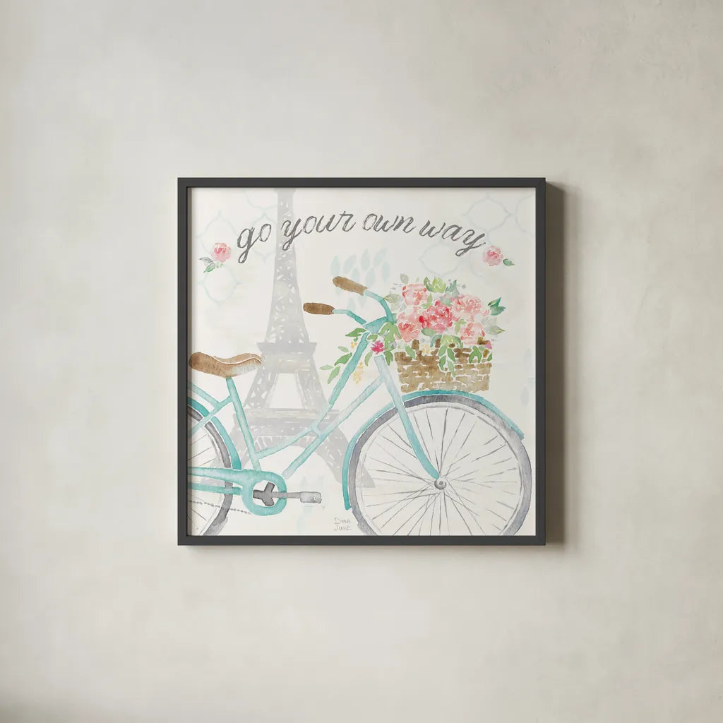 Boho Ride II by Dina June. Shown in a sleek black glass frame for a contemporary gallery look. Available as an archival giclee rolled canvas, fine art paper, or poster print. SKU 56210a.