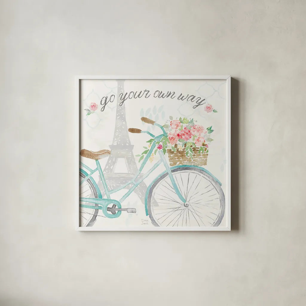 Boho Ride II by Dina June. Shown in a crisp white glass frame for a clean and minimalist style. Available as an archival giclee rolled canvas, fine art paper, or poster print. SKU 56210a.