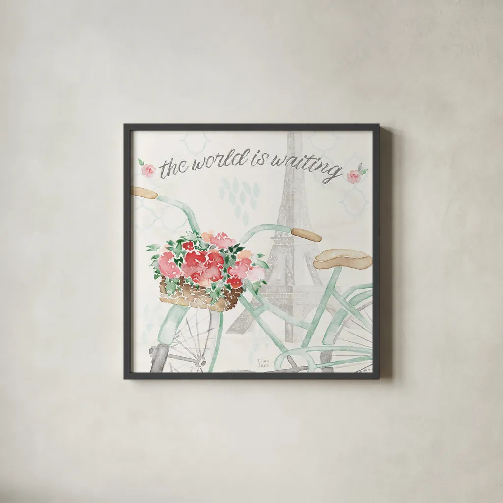 Boho Ride III by Dina June. Shown in a sleek black glass frame for a contemporary gallery look. Available as an archival giclee rolled canvas, fine art paper, or poster print. SKU 56211a.