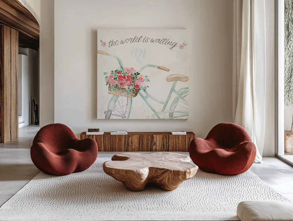 Boho Ride III no Eiffel Tower by Dina June. Shown as extra-large giant wall art in a modern living room. Available as an archival giclee rolled canvas, fine art paper, or poster print. SKU 56761a.