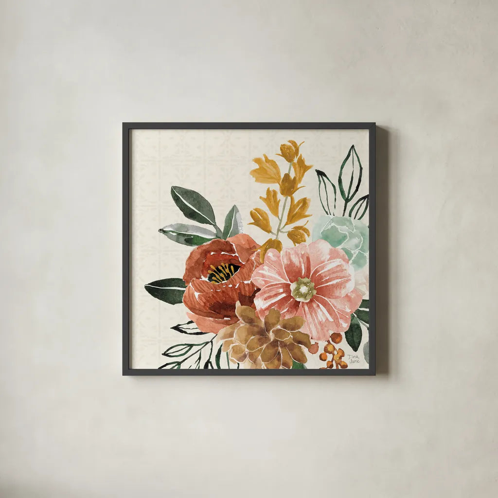 Chic Flowers by Dina June. Shown in a sleek black glass frame for a contemporary gallery look. Available as an archival giclee rolled canvas, fine art paper, or poster print. SKU 84493a.