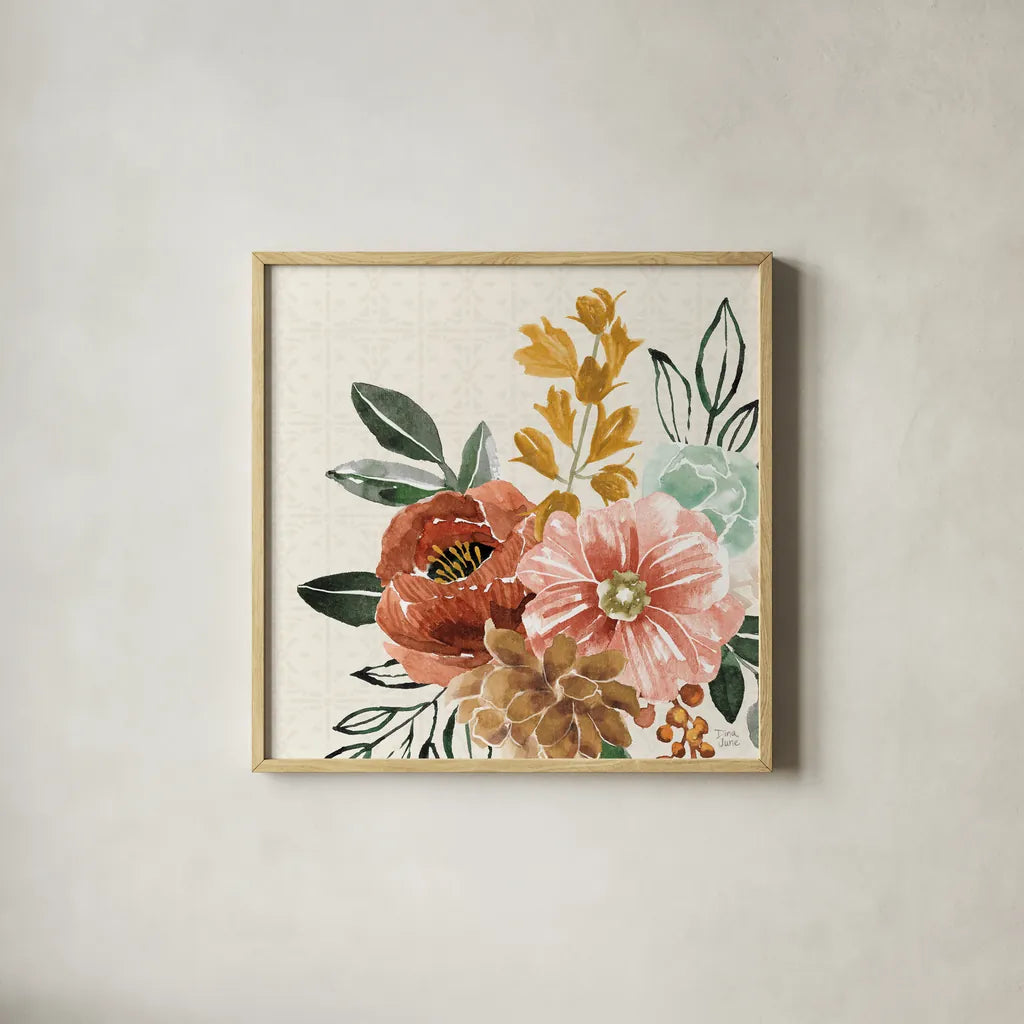 Chic Flowers by Dina June. Shown in a natural wood glass frame for a timeless modern aesthetic. Available as an archival giclee rolled canvas, fine art paper, or poster print. SKU 84493a.