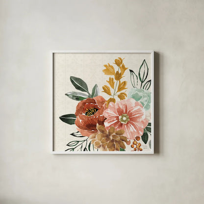 Chic Flowers by Dina June. Shown in a crisp white glass frame for a clean and minimalist style. Available as an archival giclee rolled canvas, fine art paper, or poster print. SKU 84493a.