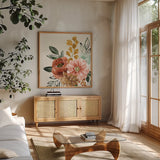 Chic Flowers by Dina June. Shown in a natural wood frame in a cozy modern living room. Available as an archival giclee rolled canvas, fine art paper, or poster print. SKU 84493a.