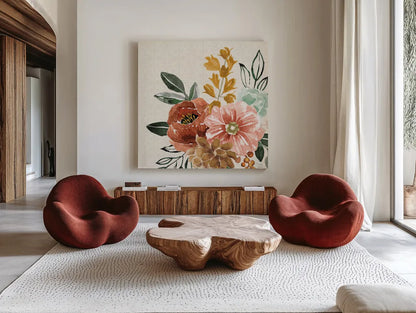 Chic Flowers by Dina June. Shown as extra-large giant wall art in a modern living room. Available as an archival giclee rolled canvas, fine art paper, or poster print. SKU 84493a.
