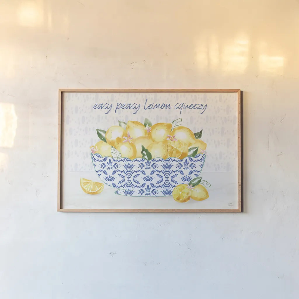 Citron Traditions I by Dina June. shown as a paper print in a natural frame. Available as a archival giclee rolled canvas, fine art paper, or poster print. SKU 76691i.