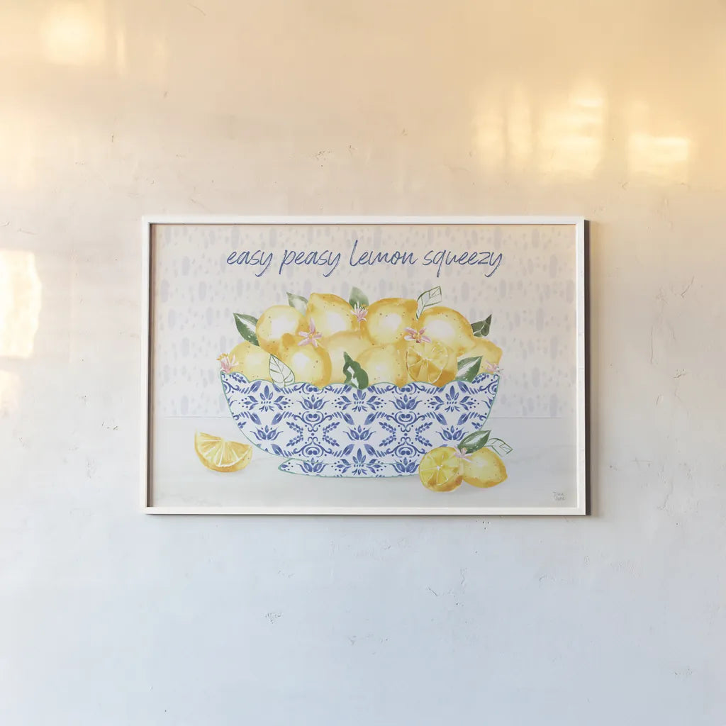 Citron Traditions I by Dina June. shown as a paper print in a white frame. Available as a archival giclee rolled canvas, fine art paper, or poster print. SKU 76691i.