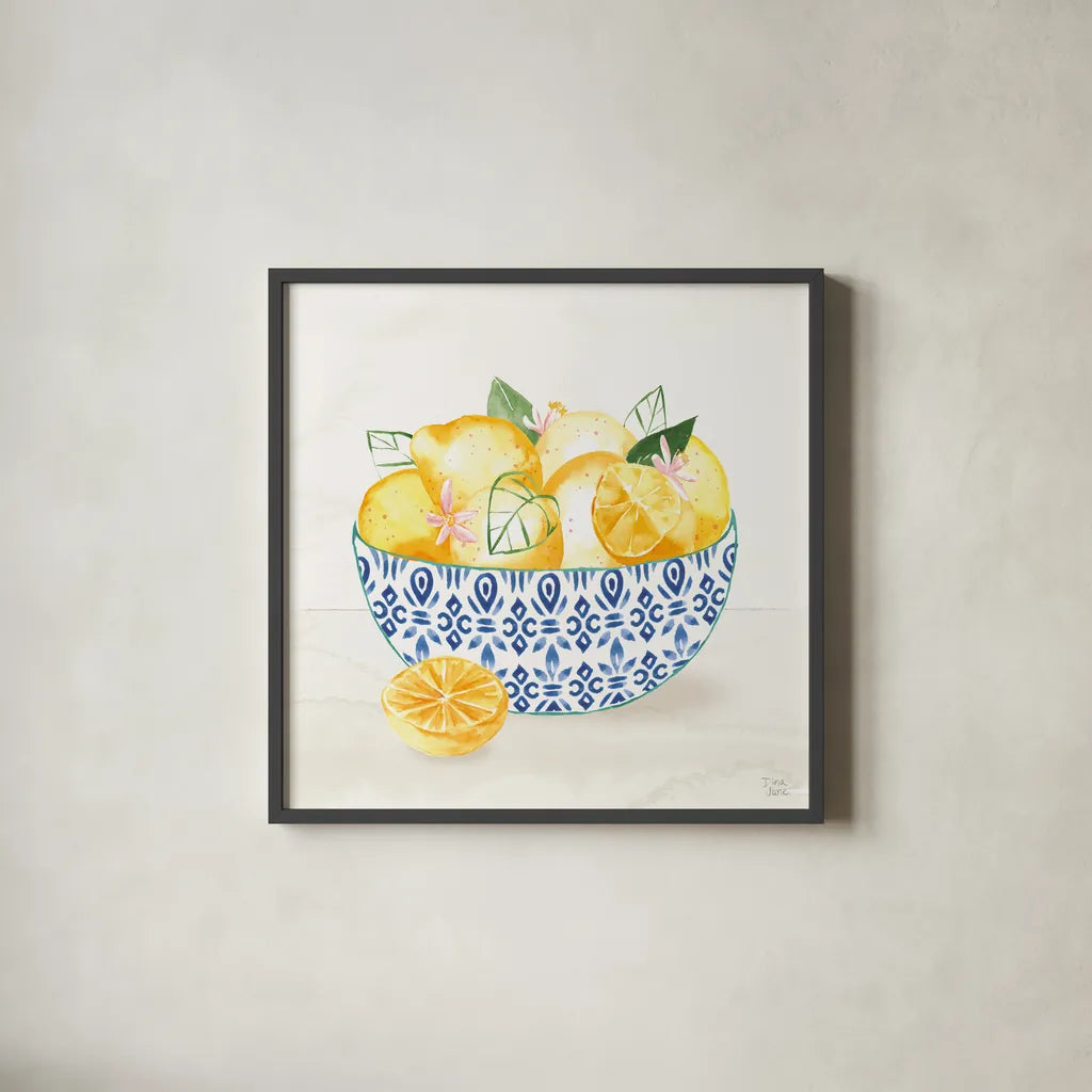 Citron Traditions II by Dina June. Shown in a sleek black glass frame for a contemporary gallery look. Available as an archival giclee rolled canvas, fine art paper, or poster print. SKU 76692a.
