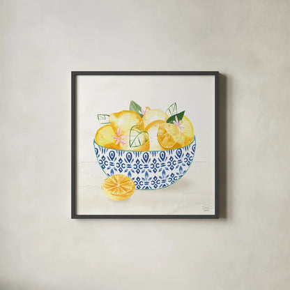 Citron Traditions II by Dina June. Shown in a sleek black glass frame for a contemporary gallery look. Available as an archival giclee rolled canvas, fine art paper, or poster print. SKU 76692a.