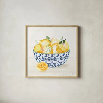 Citron Traditions II by Dina June. Shown in a natural wood glass frame for a timeless modern aesthetic. Available as an archival giclee rolled canvas, fine art paper, or poster print. SKU 76692a.