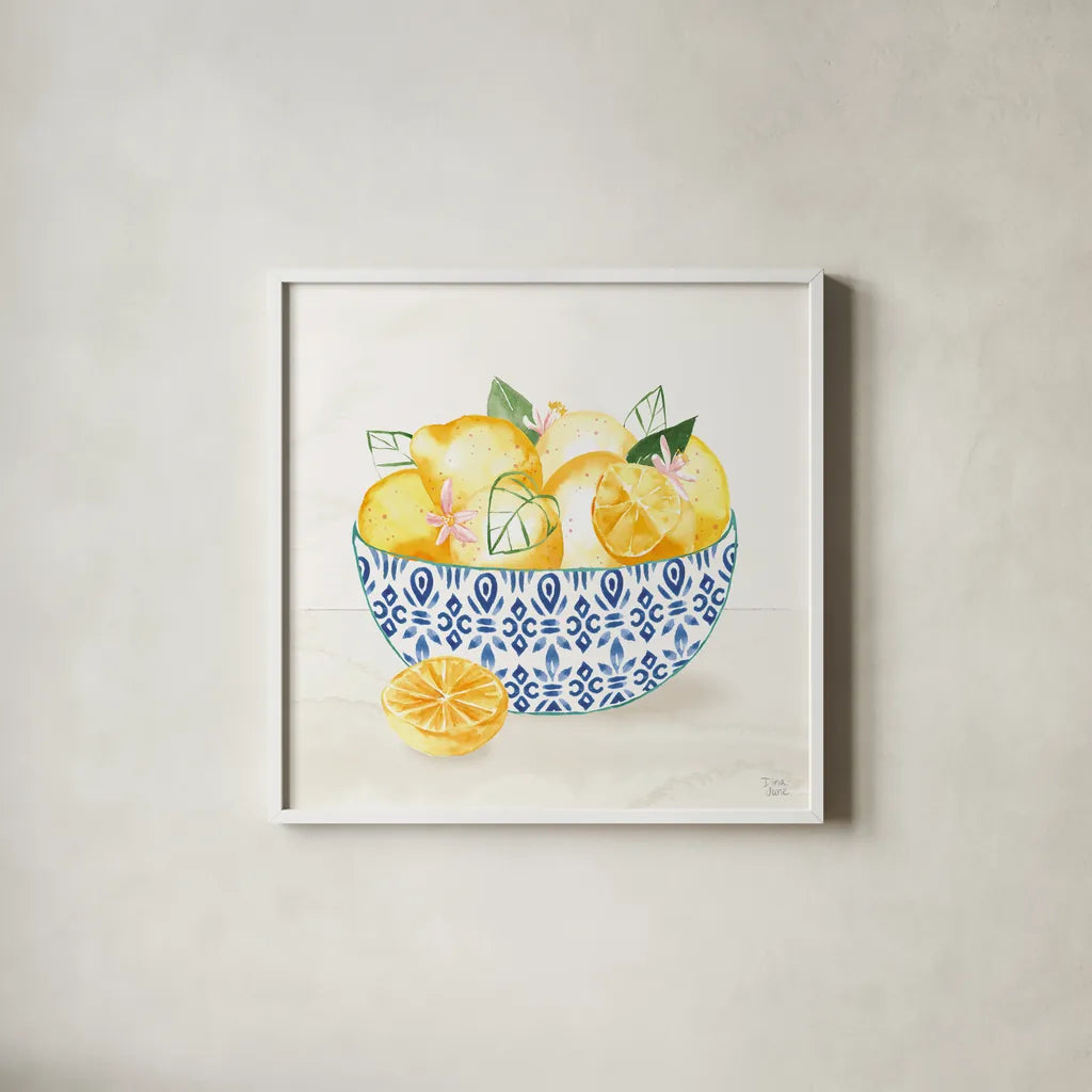 Citron Traditions II by Dina June. Shown in a crisp white glass frame for a clean and minimalist style. Available as an archival giclee rolled canvas, fine art paper, or poster print. SKU 76692a.