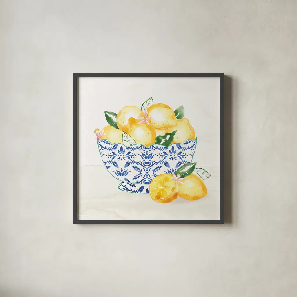 Citron Traditions III by Dina June. Shown in a sleek black glass frame for a contemporary gallery look. Available as an archival giclee rolled canvas, fine art paper, or poster print. SKU 76693a.