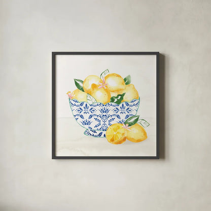 Citron Traditions III by Dina June. Shown in a sleek black glass frame for a contemporary gallery look. Available as an archival giclee rolled canvas, fine art paper, or poster print. SKU 76693a.