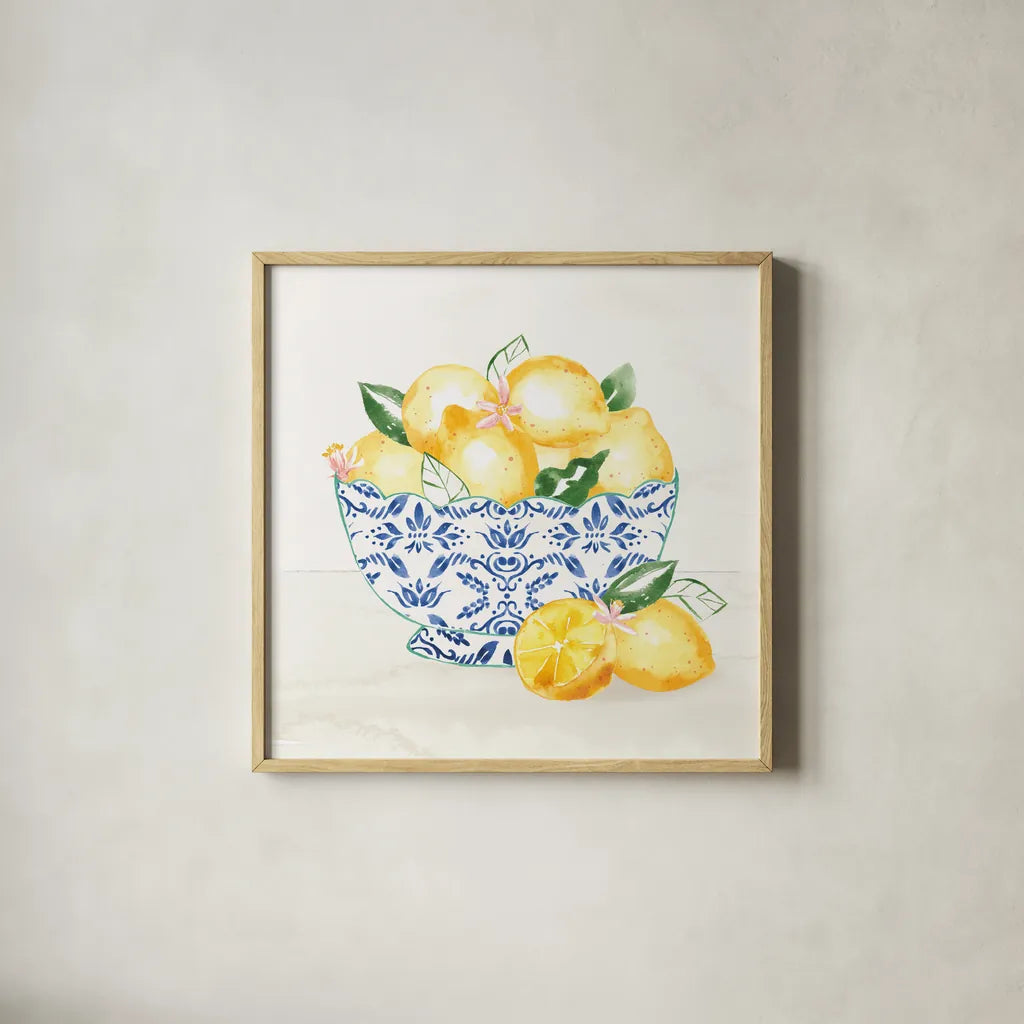 Citron Traditions III by Dina June. Shown in a natural wood glass frame for a timeless modern aesthetic. Available as an archival giclee rolled canvas, fine art paper, or poster print. SKU 76693a.
