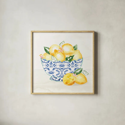 Citron Traditions III by Dina June. Shown in a natural wood glass frame for a timeless modern aesthetic. Available as an archival giclee rolled canvas, fine art paper, or poster print. SKU 76693a.