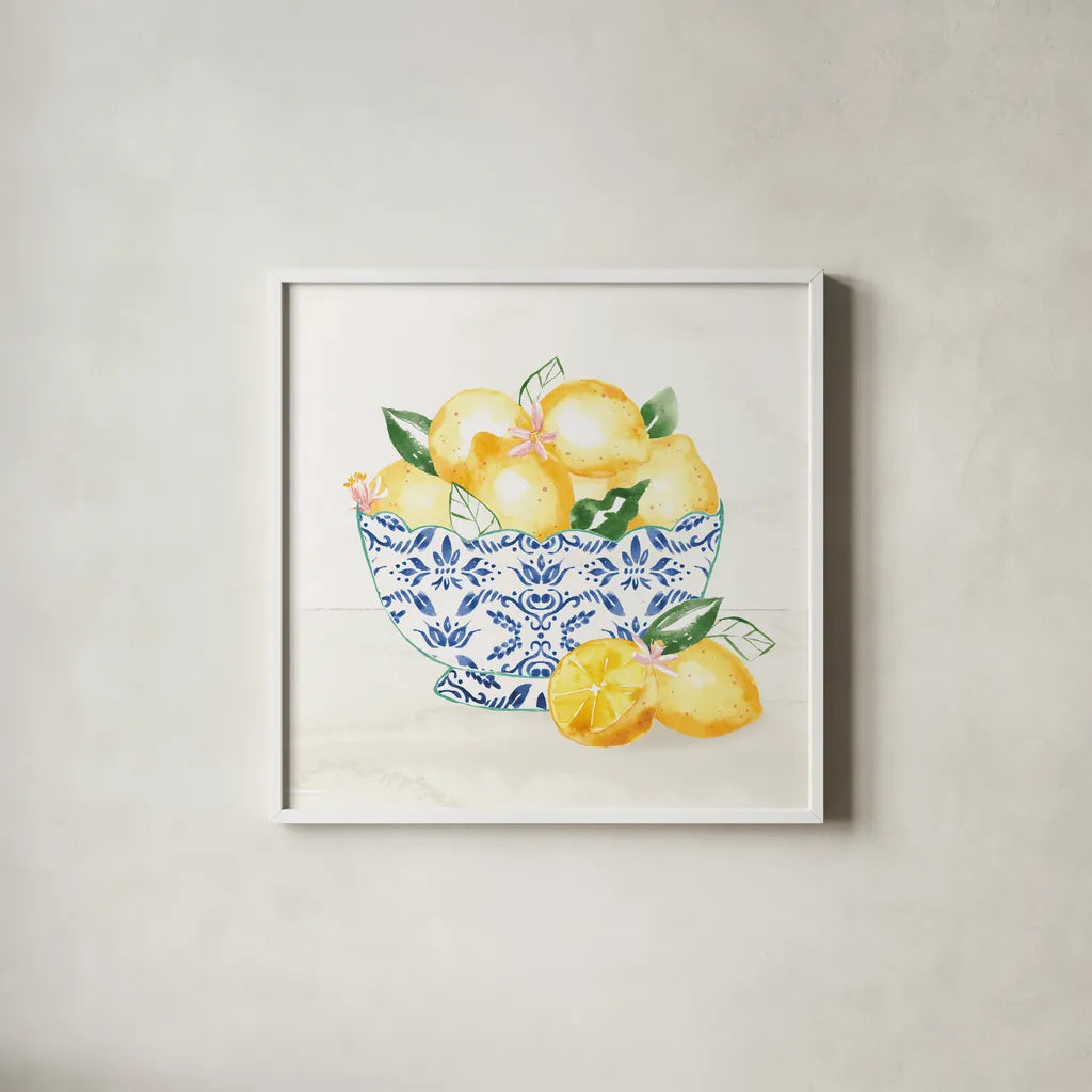 Citron Traditions III by Dina June. Shown in a crisp white glass frame for a clean and minimalist style. Available as an archival giclee rolled canvas, fine art paper, or poster print. SKU 76693a.