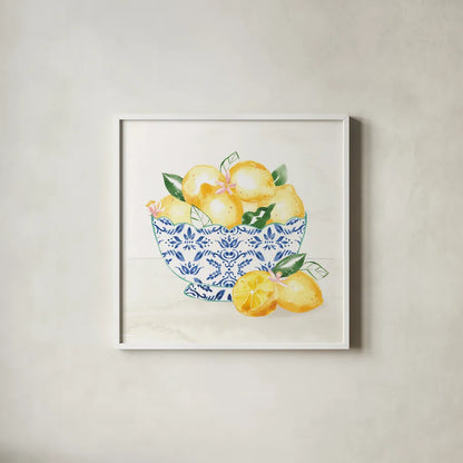 Citron Traditions III by Dina June. Shown in a crisp white glass frame for a clean and minimalist style. Available as an archival giclee rolled canvas, fine art paper, or poster print. SKU 76693a.