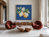 Citron Traditions IV by Dina June. Shown as extra-large giant wall art in a modern living room. Available as an archival giclee rolled canvas, fine art paper, or poster print. SKU 76694a.