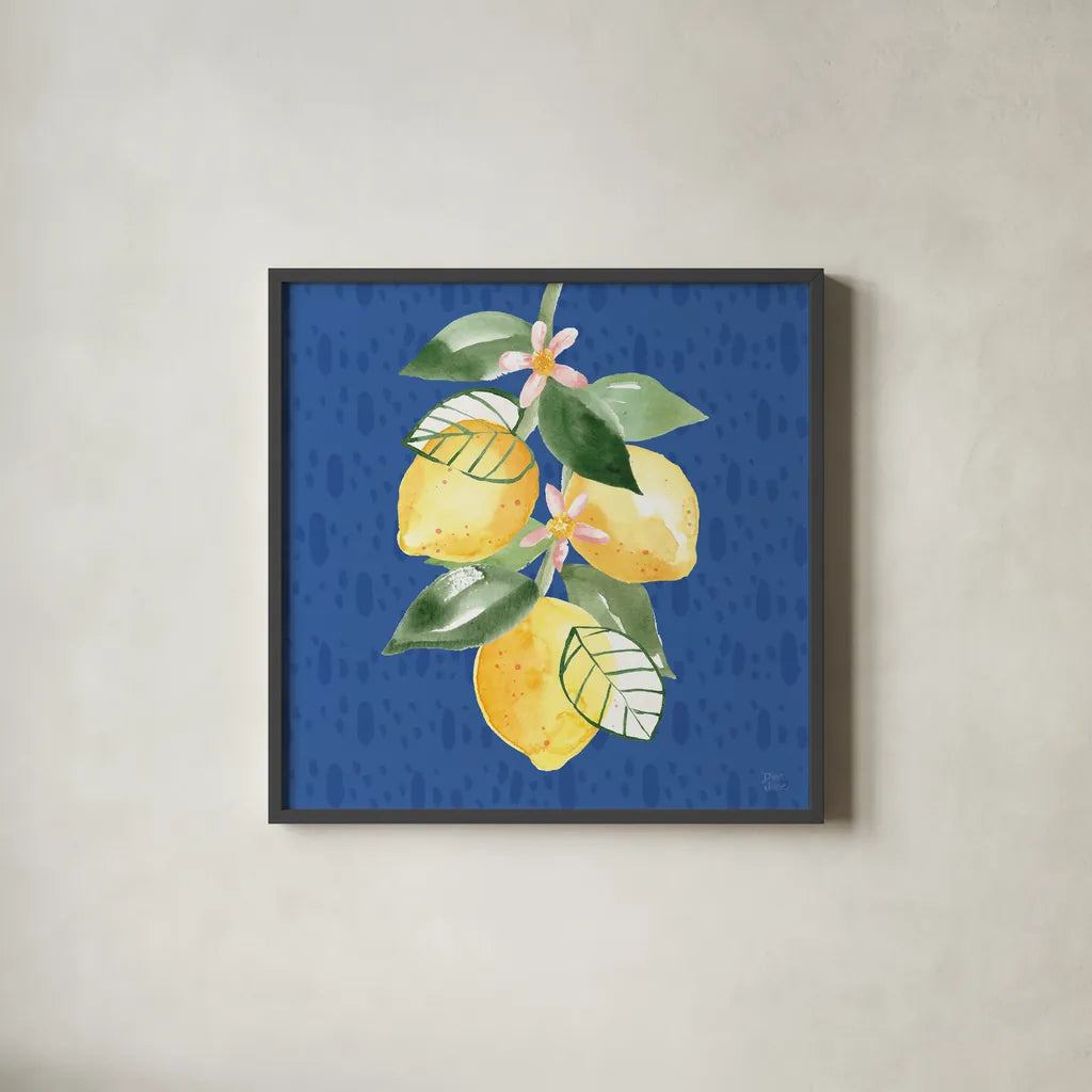 Citron Traditions V by Dina June. Shown in a sleek black glass frame for a contemporary gallery look. Available as an archival giclee rolled canvas, fine art paper, or poster print. SKU 76695a.