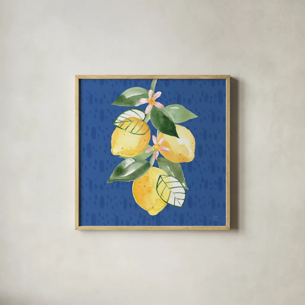 Citron Traditions V by Dina June. Shown in a natural wood glass frame for a timeless modern aesthetic. Available as an archival giclee rolled canvas, fine art paper, or poster print. SKU 76695a.