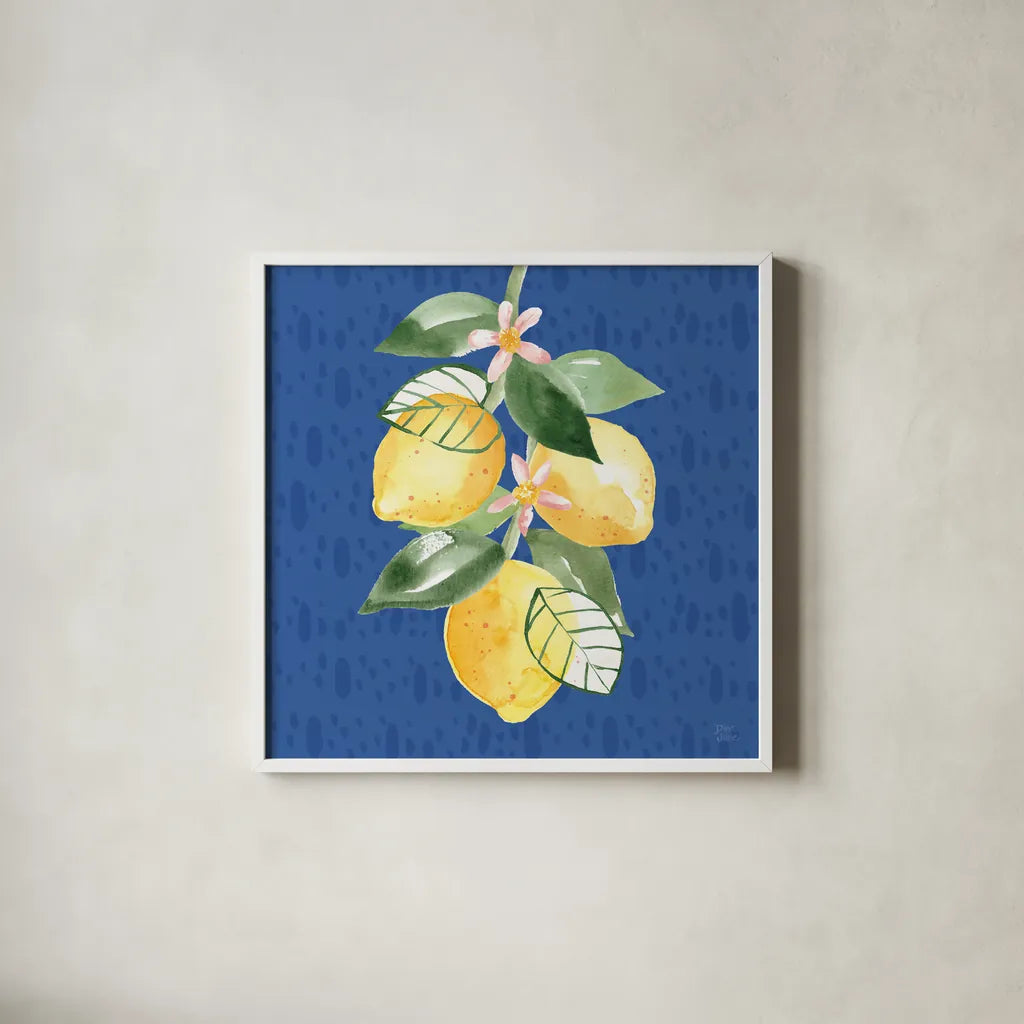 Citron Traditions V by Dina June. Shown in a crisp white glass frame for a clean and minimalist style. Available as an archival giclee rolled canvas, fine art paper, or poster print. SKU 76695a.