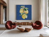 Citron Traditions V by Dina June. Shown as extra-large giant wall art in a modern living room. Available as an archival giclee rolled canvas, fine art paper, or poster print. SKU 76695a.