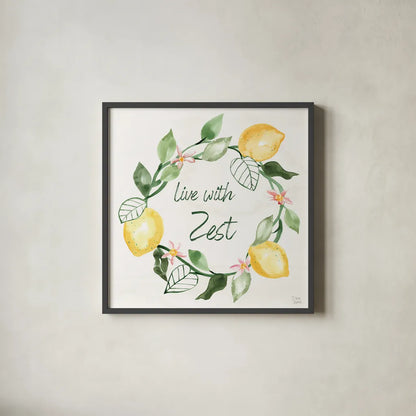 Citron Traditions VII by Dina June. Shown in a sleek black glass frame for a contemporary gallery look. Available as an archival giclee rolled canvas, fine art paper, or poster print. SKU 76697a.