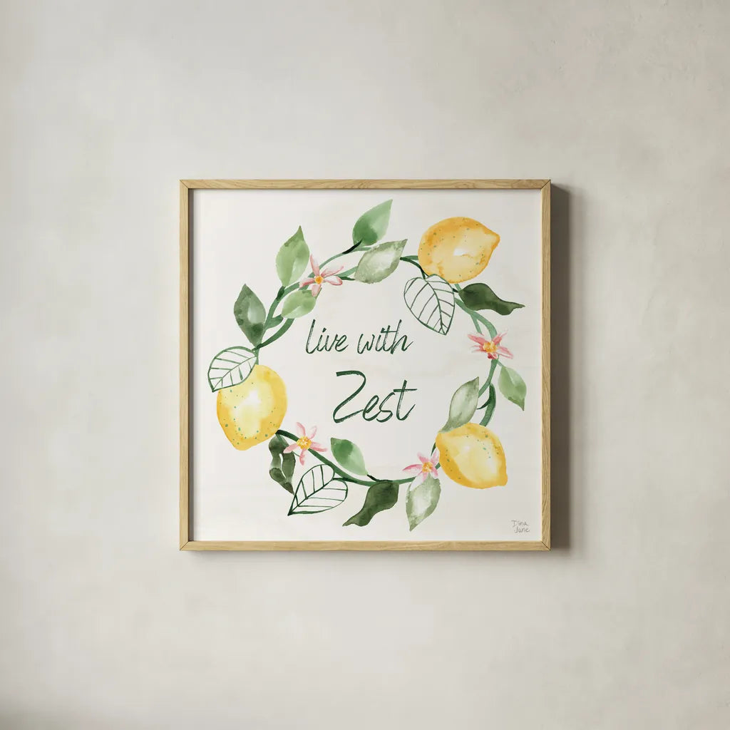 Citron Traditions VII by Dina June. Shown in a natural wood glass frame for a timeless modern aesthetic. Available as an archival giclee rolled canvas, fine art paper, or poster print. SKU 76697a.