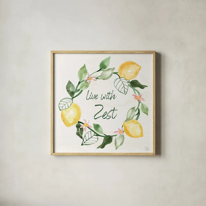 Citron Traditions VII by Dina June. Shown in a natural wood glass frame for a timeless modern aesthetic. Available as an archival giclee rolled canvas, fine art paper, or poster print. SKU 76697a.