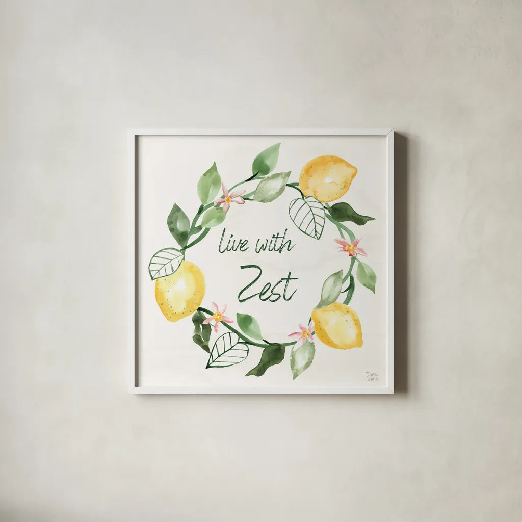 Citron Traditions VII by Dina June. Shown in a crisp white glass frame for a clean and minimalist style. Available as an archival giclee rolled canvas, fine art paper, or poster print. SKU 76697a.