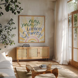 Citron Traditions XI by Dina June. Shown in a natural wood frame in a cozy modern living room. Available as an archival giclee rolled canvas, fine art paper, or poster print. SKU 76701a.