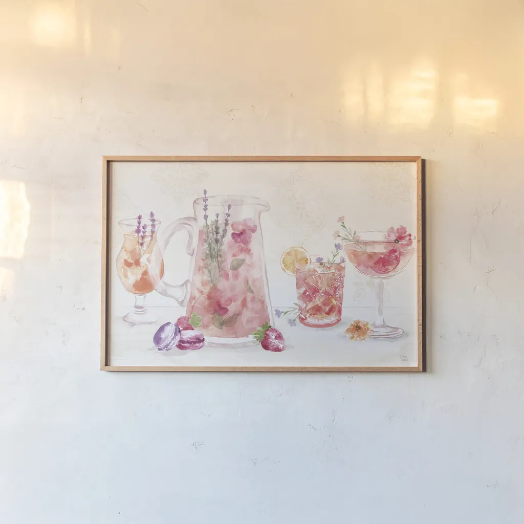Classy Cocktails I by Dina June. shown as a paper print in a natural frame. Available as a archival giclee rolled canvas, fine art paper, or poster print. SKU 69234i.