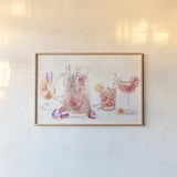 Classy Cocktails I by Dina June. shown as a paper print in a natural frame. Available as a archival giclee rolled canvas, fine art paper, or poster print. SKU 69234i.