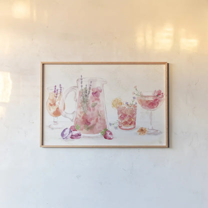 Classy Cocktails I by Dina June. shown as a paper print in a natural frame. Available as a archival giclee rolled canvas, fine art paper, or poster print. SKU 69234i.