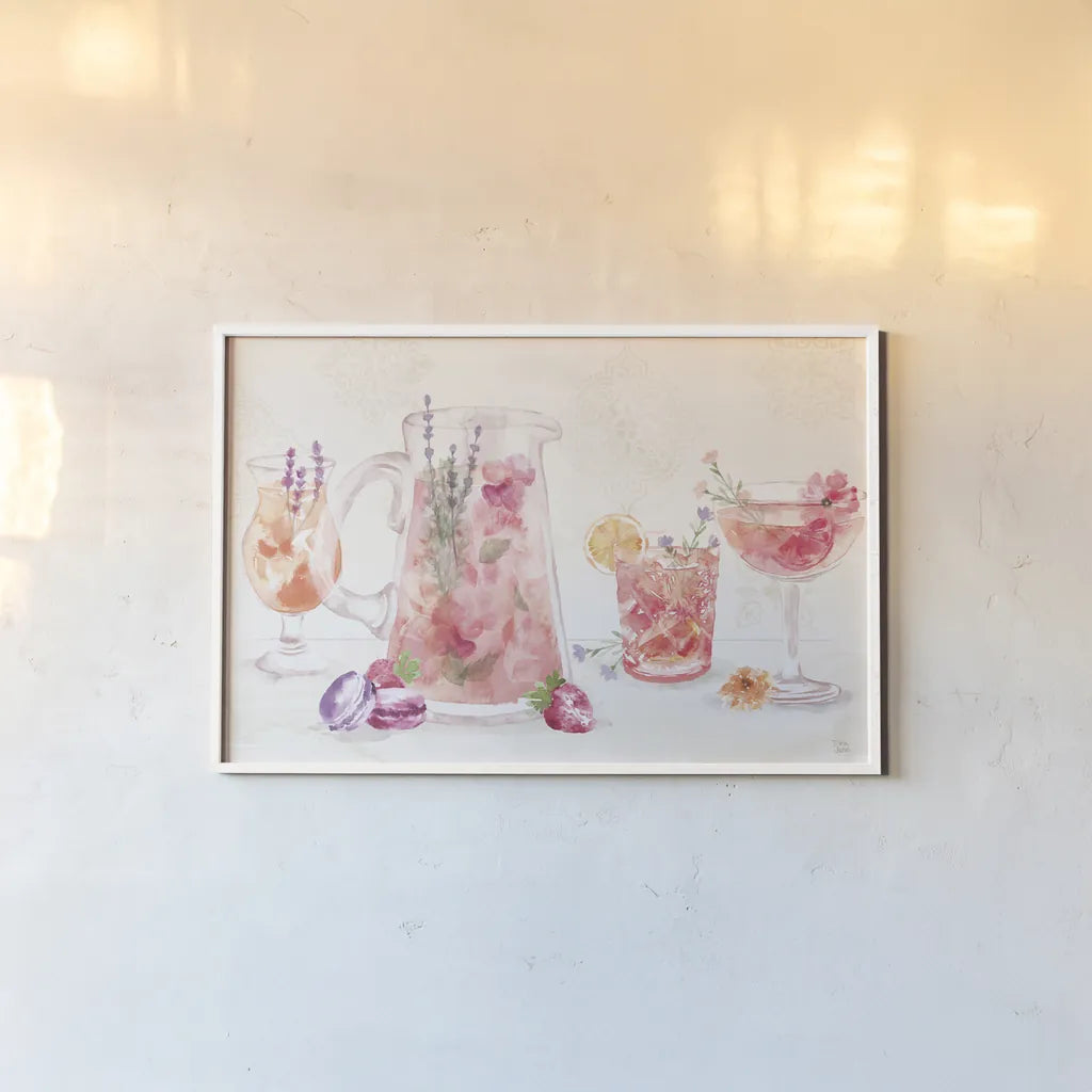 Classy Cocktails I by Dina June. shown as a paper print in a white frame. Available as a archival giclee rolled canvas, fine art paper, or poster print. SKU 69234i.