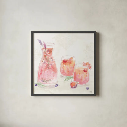 Classy Cocktails II by Dina June. Shown in a sleek black glass frame for a contemporary gallery look. Available as an archival giclee rolled canvas, fine art paper, or poster print. SKU 69235a.