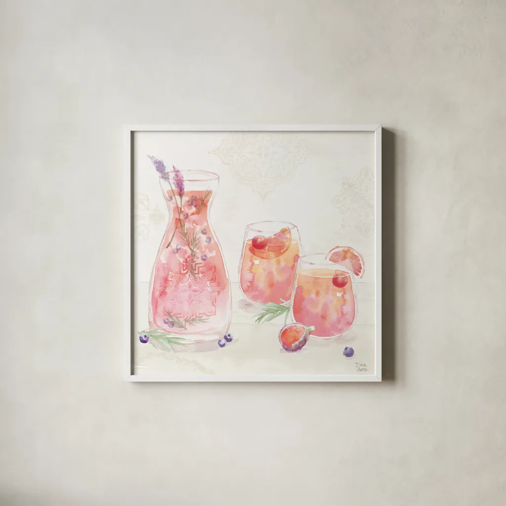 Classy Cocktails II by Dina June. Shown in a crisp white glass frame for a clean and minimalist style. Available as an archival giclee rolled canvas, fine art paper, or poster print. SKU 69235a.