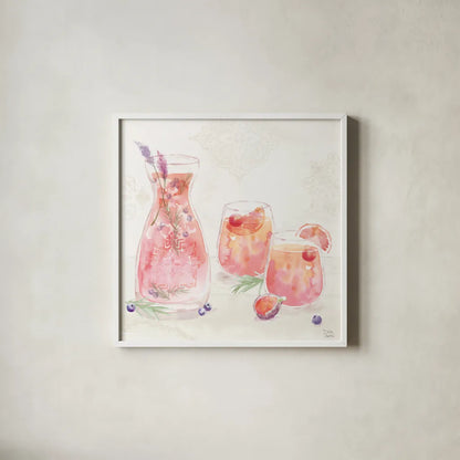 Classy Cocktails II by Dina June. Shown in a crisp white glass frame for a clean and minimalist style. Available as an archival giclee rolled canvas, fine art paper, or poster print. SKU 69235a.
