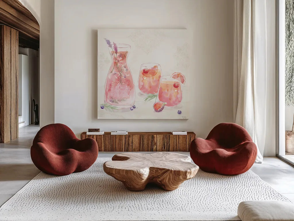Classy Cocktails II by Dina June. Shown as extra-large giant wall art in a modern living room. Available as an archival giclee rolled canvas, fine art paper, or poster print. SKU 69235a.