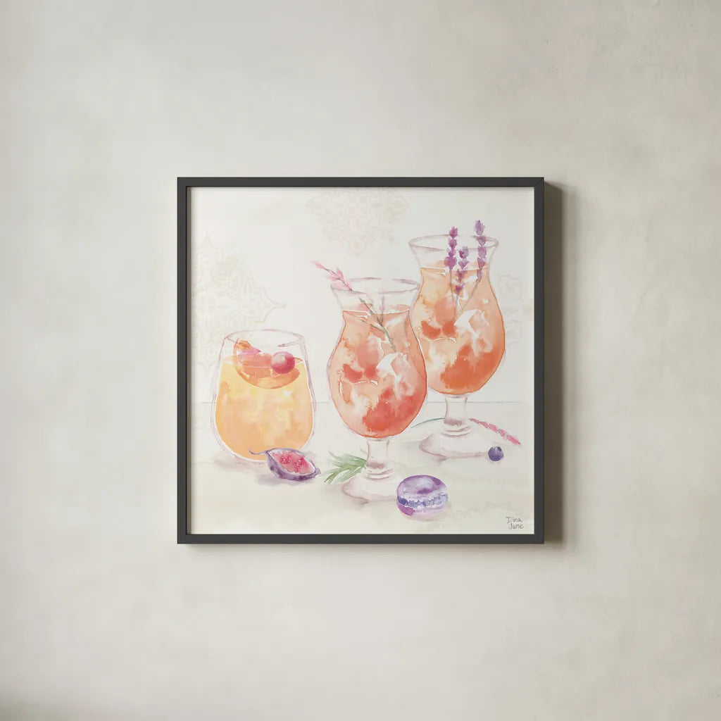 Classy Cocktails III by Dina June. Shown in a sleek black glass frame for a contemporary gallery look. Available as an archival giclee rolled canvas, fine art paper, or poster print. SKU 69236a.
